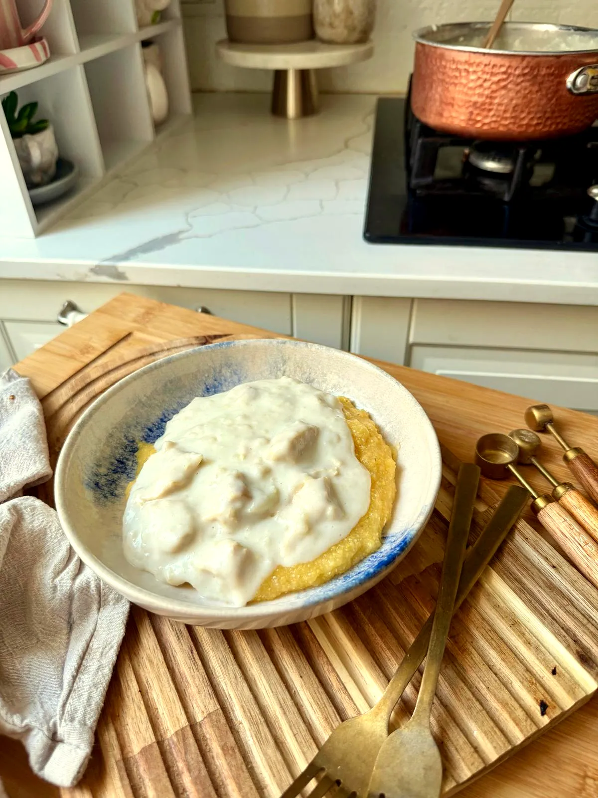 Creamy chicken ciulama with white sauce and garlic traditionally served